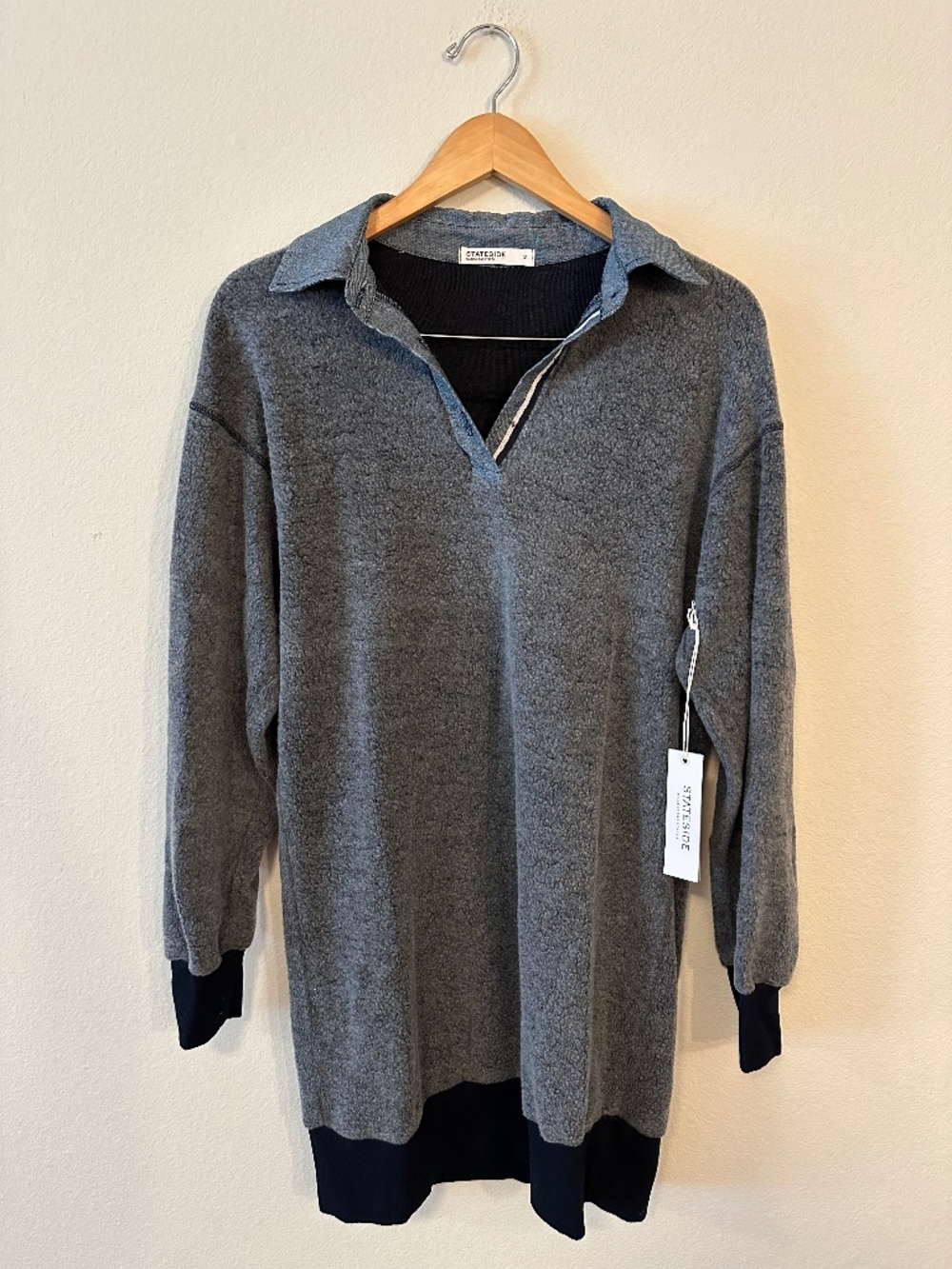 Stateside Softest Fleece Chambray Trim Sweatshirt Heather Gray/Navy NWT Women S